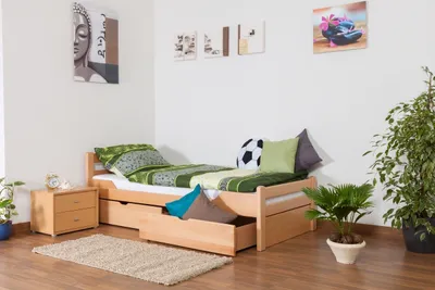 Produktbild von Einzelbett / Gästebett "Easy Premium Line" K1/2n inkl. 2 Schubladen und 2 Abdeckblenden, 90 x 200 cm Buche Vollholz massiv Natur