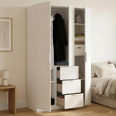 Produktbild von Kleiderschrank Dcurt, Garderobe für Schlafzimmer, Kleiderschrank mit 3 Flügeltüren und 3 Schubladen, 135x52h204 cm, Weiß