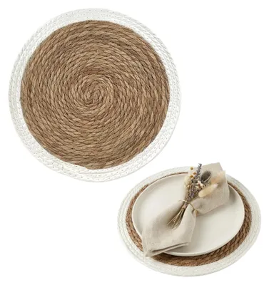 Produktbild von Platzset Boho Rund, Tischset Platzmatte Esstisch, Geflochtene Dekorationsunterlage Tischdeko Seegras, 38cm Weiß 6 Stück