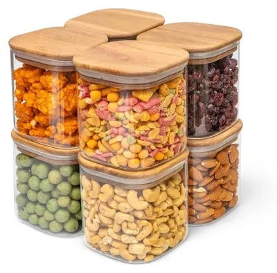 Produktbild von Set von 8 Luftdichten Glasbehältern mit Akazienholzdeckel 750ml
