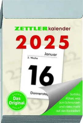 Produktbild von Zettler - Tagesabreißkalender 2025 S, 4,1x5,9cm, Abreißkalender mit Sudokus, Sonnen- und Mondzeiten, Namenstage, hellgraue Patentklammer, mit Aufhängung und deutsches Kalendarium