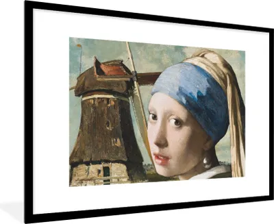 Produktbild von MuchoWow® Gerahmtes Poster Das Mädchen mit dem Perlenohrring - Mühle - Vermeer 90x60 cm - Poster mit Schwarzem Bilderrahmen Wandposter Rahmen Foto Bilder - Wanddekoration - Fotos