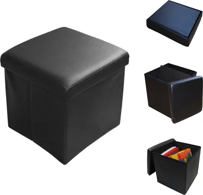 Produktbild von Style home Sitzhocker Sitzbank mit Stauraum, Faltbare Aufbewahrungsbox Sitztruhe Sitzwürfel Fußablage, Kunstleder, 38 * 38 * 38 cm (Schwarz)