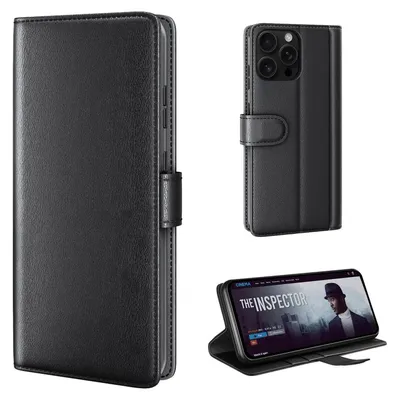 A collage of images showing a black leather flip phone case for an Apple iPhone 16 Pro, including a view of the case closed, open, and with the phone inside.