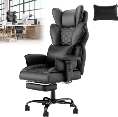 Produktbild von XMTECH Ergonomischer Bürostuhl mit hoher Rückenlehne, Kunstleder mit Fußstütze, Chefdrehstuhl mit gepolsterten Armlehnen für Zuhause und Büro (Grau)