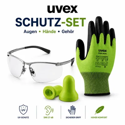 Produktbild von SET UVEX Schutz-Set Schutzbrille + C500 Foam Handschuhe Größe 11 + Hi-Com Ohrstöpsel, KI-generiertes Bild