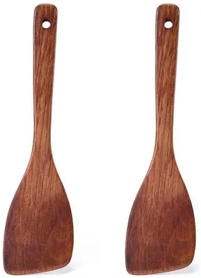 Image de Spatule de cuisine en bois massif, 33 cm - Antiadhésive - Manche ergonomique - Durable - Lot de 2 - Cuillère de cuisine
