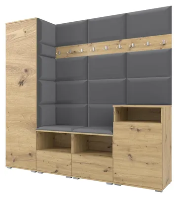 Produktbild von Garderobe NELA X 200 cm Modulare Flurmöbel Artisan Eiche mit Sitzpolster Dunkelgrau 15 (Schrank + Sidelboard)