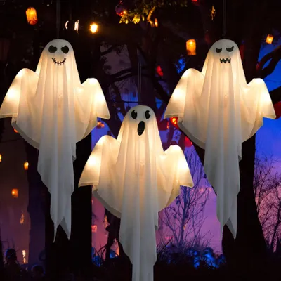 3 Halloween-Geister Windspiele mit LED, 60 cm, für Innen & Außen