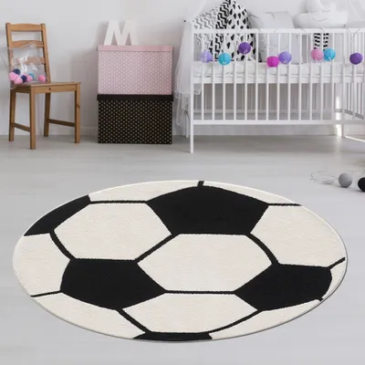 Produktbild von Fußballteppich rund Weich & robust für Kinderzimmer und Wohnzimmer in Schwarz Weiß Größe - 80 cm Rund
