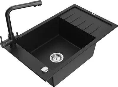 Produktbild von Mexen Elias 1 Becken-Granitspüle mit Abtropffläche und Mischbatterie Duero, Schwarz - 6511-77-671600-70