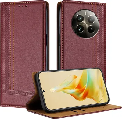 Produktbild von Handyhülle für Realme 12 Pro Leder Flip Klappbare Schutzhülle mit Standfunktion Dunkelrot