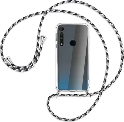 Produktbild von Handykette Backcover-Schutzhülle mit Band (Metall silberfarben) für Motorola One Macro - schwarz/grau/weiß