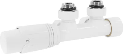 A white radiator valve set with a thermostat head, shown against a white background.