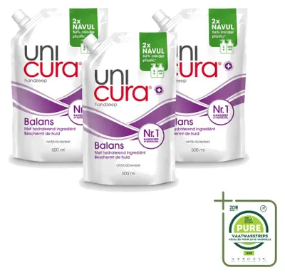 Immagine prodotto di 3 flaconi di sapone liquido antibatterico per le mani Unicura Balans, da 500 ml ciascuno - confezione grande - 3 pezzi