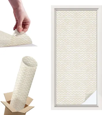 Obrázok produktu pre Vitrážová fólia na okno - 116x50 cm - Vitrážová fólia na okno, dekoratívna a nepriehľadná - Samolepiaca dekoratívna fólia na sklo s vitrážovým vzorom - UV ochrana, jednoduchá inštalácia, dekorácia na okno - Béžová cikcak