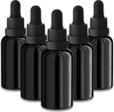 Produktbild von 5x Glasflasche schwarz 30 ml mit schwarzer Pipette Tropfflaschen leer