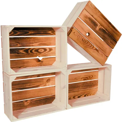 Produktbild von CHICCIE 4 Set Holzkiste Grete Weiß Geflammt Gehobelt 38x28x15cm - Holzkisten Obstkisten Weinkisten Dekokisten Regale
