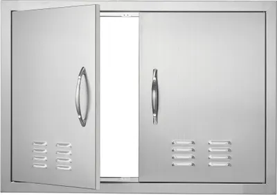 Image de Porte d'accès au barbecue, 762 x 533 mm, Double porte de cuisine extérieure - Porte en acier inoxydable - Porte murale verticale avec poignées - Fentes d'aération - pour îlot de barbecue, station de barbecue, armoire extérieure
