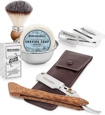 Produktbild von Rasierset - Rasiermesser Holz – Lederetui Café - Crusoe
