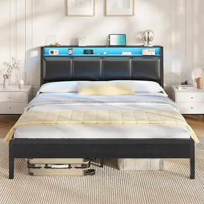 Produktbild von Bett 160 x 200, Bett mit LED-Beleuchtung, Polsterbett 160x200, Ladestation, Bettgestell mit Lattenrost, für Schlafzimmer, Gästezimmer, Schwarz