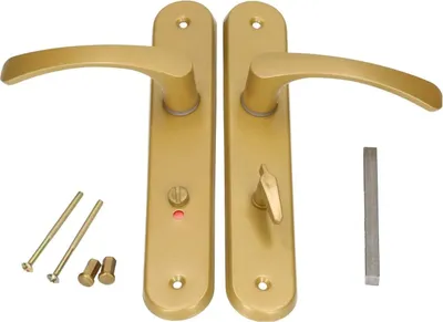 A set of gold-colored door handles and associated hardware, laid out on a white background.
