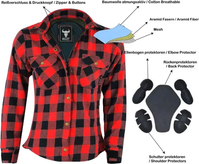 Damen-Motorradshirt im Lumberjack-Stil in Rot, Vorderansicht, BLD1200. Sorgfältig aus Baumwolle mit Polyester-Innenfutter gefertigt, mit Schulter-, Ellenbogen- und Rückenprotektoren, durchgehend mit Reißverschluss und Druckknöpfen schließbar.