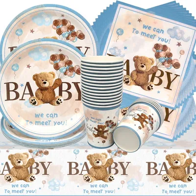 61-teiliges Bären-Partyservice, Teller, Becher, Servietten, Tischdecke