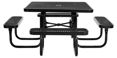 Produktbild von SucceBuy Quadratischer Picknicktisch mit 4 Sitzbänken, wetterfestes Gartenmöbel-Set für Terrasse, pulverbeschichteter Stahltisch mit Schirmloch, Sitzgruppe für Garten, Veranda und Hinterhof (schwarz)