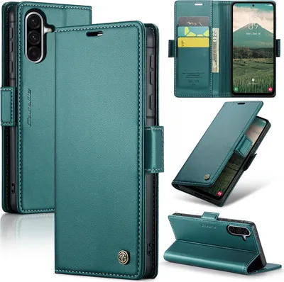 Collage of a teal leather wallet phone case for a Samsung Galaxy A56, showing different angles and features.