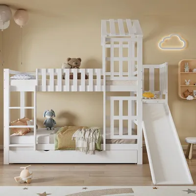Productafbeelding van Kinder Stapelbed - Kinderbed - Bunkbed - Hoogslaper - Stapelbed Met Glijbaan - Wit - 90x200 cm