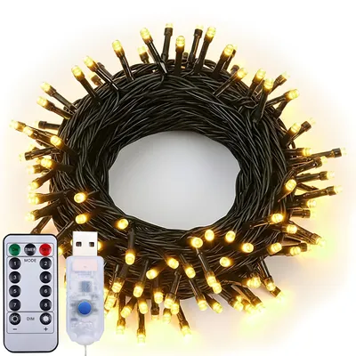 A coiled string of warm white LED lights with a USB connector and a remote control.