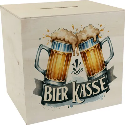 Produktbild von Bier Spardose aus Holz mit Spruch Bier Kasse