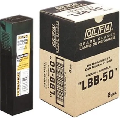 A product shot of a box of Olfa spare blades and a dispenser of blades.