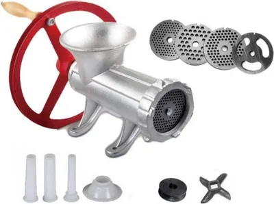 A meat grinder and its accessories are displayed against a white background.