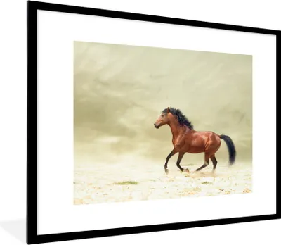 Produktbild von MuchoWow® Gerahmtes Poster Pferd - Stoff - Sand 80x60 cm - Poster mit Schwarzem Bilderrahmen Wandposter Rahmen Foto Bilder - Schlafzimmer-Dekorationen - Fotoposter