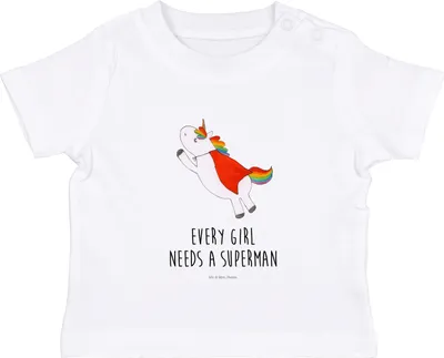 Produktbild von Mr. & Mrs. Panda Organic Baby Shirt Einhorn Super 0. - 6. Monat - Weiß - Geschenk, Unicorn, Superheld, Held, Freundin, Einhörner,  T-Shirt, Baumwollshirt, Baumwolle