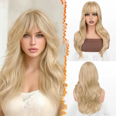 Obrázok produktu pre Paruka s ofinou, béžová, blond, 50 cm, vlnitá, syntetická, odolná teplu