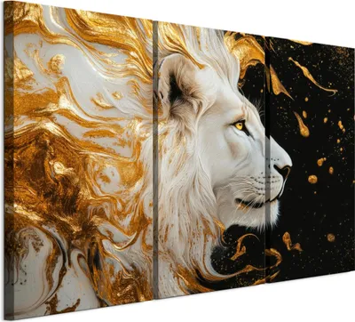 Produktbild von LUMASOUL Leinwand Bilder 90x60 cm, Leinwandbild Löwe Motiv, Wandbilder Holzrahmen und Webstuhl Wohnzimmer und Schlafzimmer, 3 teilig
