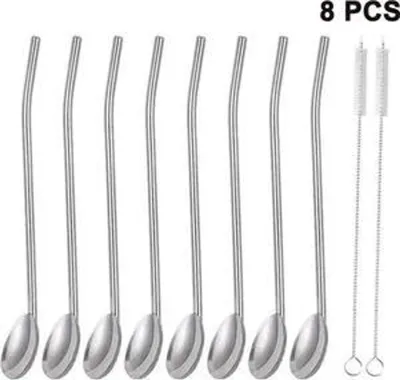 Produktbild von Edelstahl Trinkhalm Löffel, Wiederverwendbar Metall Strohhalm, Metall Strohhalme Löffel, Stroh Cocktail Löffel Set, Latte Macchiato Löffel 8 teilig