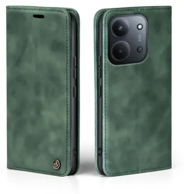 A green flip case for a smartphone is shown from two angles.