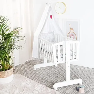 Produktbild von Babywiege 40 x 90 cm Adam & Eule - Stubenwagen & Wiege mit Rollen - Bett Set komplett mit Feststellfunktion - Inkl. textiler Ausstattung - Holz weiß