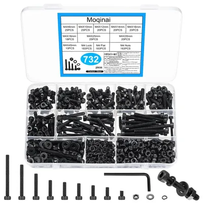 Image de Kit de vis M4 - Vis à tête cylindrique et écrous - 732 pièces - Acier au carbone noir