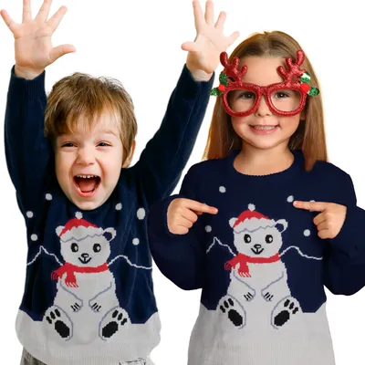 Produktbild von Winterpullover für Kinder - Eisbär Winter Strick Pullover Sweatshirt Ugly Sweater Blau 122-128