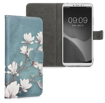 Produktbild von kwmobile Wallet Case kompatibel mit Xiaomi Mi Max 3 Hülle - Cover mit Ständer und Kartenfächern - Magnolien Taupe Weiß Blaugrau