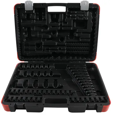 An open black tool case with red trim, showing empty molded compartments for tools.