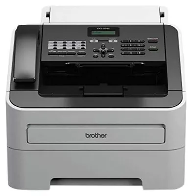 A front view of a Brother FAX-2845 laser fax machine with a telephone handset on the left side.