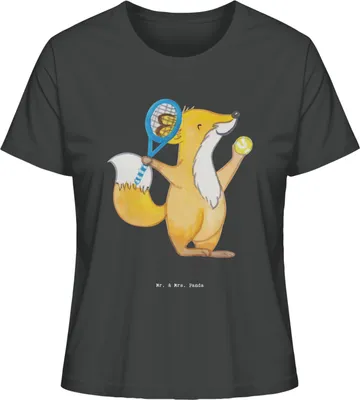 Produktbild von Mr. & Mrs. Panda Damen T-Shirt Fuchs Tennis spielen Größe S - Anthrazit - Geschenk, Ballsportart, Turnier, Rundhals, Basic Shirt, Oberteil, Kurzarmshirt, Baumwoll