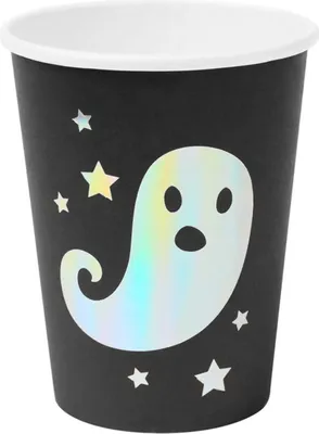 A black paper cup with a holographic ghost and stars design.