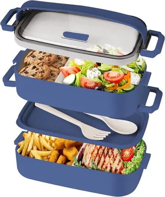 Produktbild von Famanu Brotdose stapelbar - 1600 ml - Bento Lunchbox mit Besteck - 2 Fächer - blau